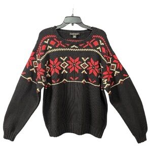 Nordic Snowflake Black Red Chunky Knit Christmas Holiday Sweater XL Grandpa Vtg.